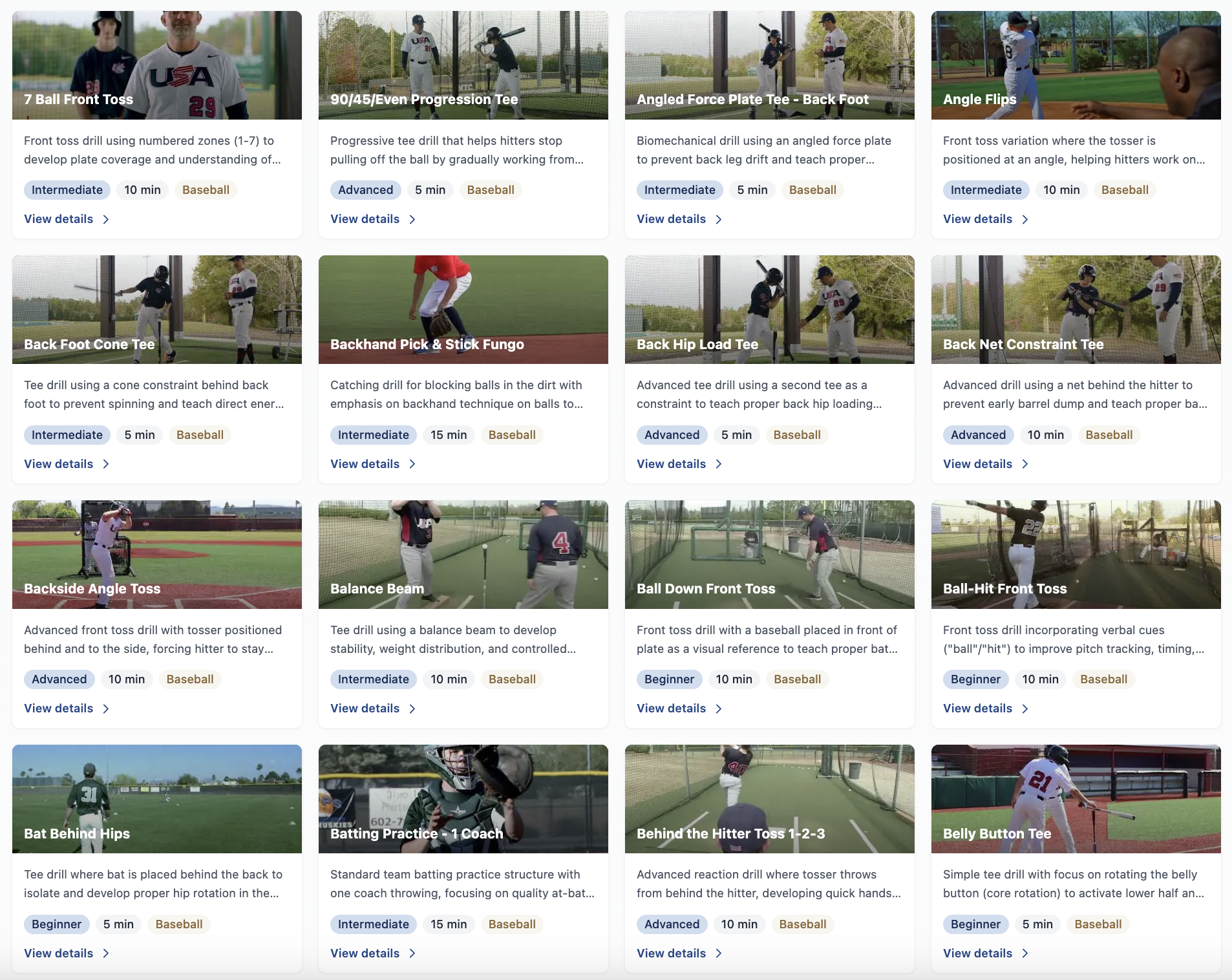 Drill Library showing categorized baseball and softball drills